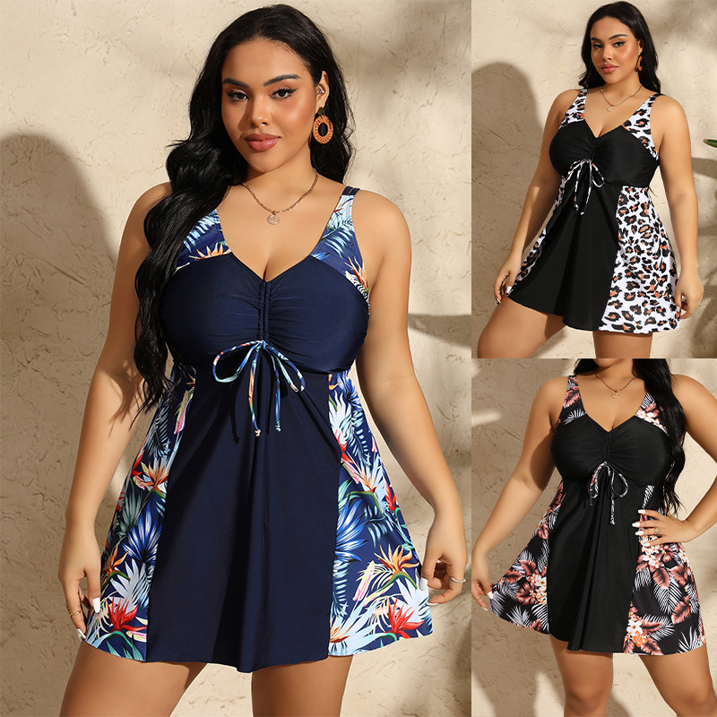 Plus Size V-Neck One Piece Bathing Suit with Ruched Front Floral Print Swimdress